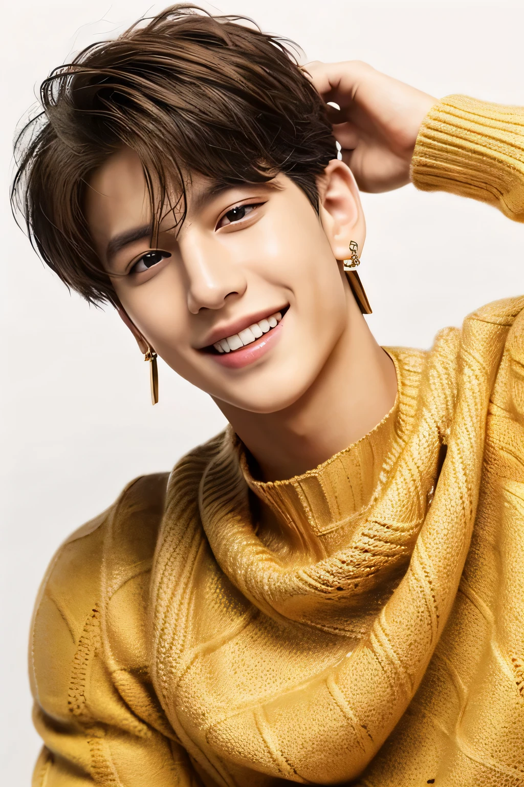 ((best quality)), ((masterpiece)), (detailed), perfect face、genuine、1 boy、a bad man、Villain、、（Jungkook:2.0）、（host）、Upper body、white background、brown gucci sweater、yellow pattern、blonde、S class handsome guy、A slightly open mouth、upward glance、look up、white skin、Face with makeup、Super handsome、short hair、mash hair、Beautiful, well-groomed hair、sexy look、other poses、Gold Rolex、accessories、earrings、beautiful teeth、smile、