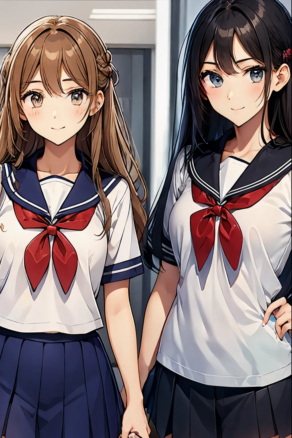 Two high school girls walking hand in hand down a school corridor、seductive smile、