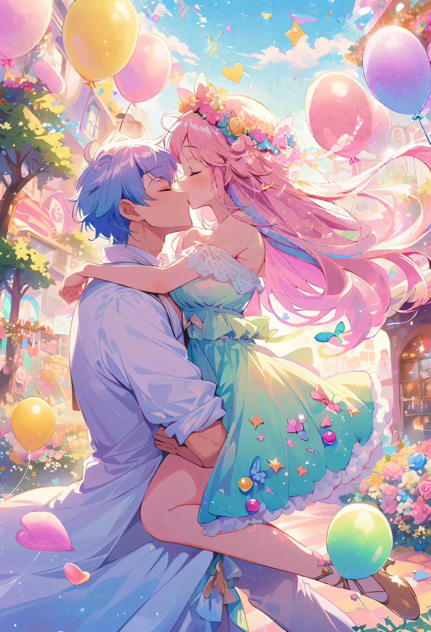 candyland,man and woman,lovers,kiss in the wind,cotton candy,dreamlike,whimsical,playful,magical colors,vibrant atmosphere,sugar rush,enchanted garden,lush greenery,floating balloons,festive atmosphere,energetic,pastel hues,chocolate fountain,fairy lights,candy canes,lollipop trees,blue skies,blissful expression,magical moment,giggles and laughter,happiness and joy,storybook setting,magical sweets,picnic on a candy cloud,romantic scenery,lively and animated,joyful celebration,romantic vibes,sparkling eyes,love in the air,sweet embrace,colorful candies,blowing kisses,love story,creativity and imagination,whispering winds,infinite happiness,forever love.