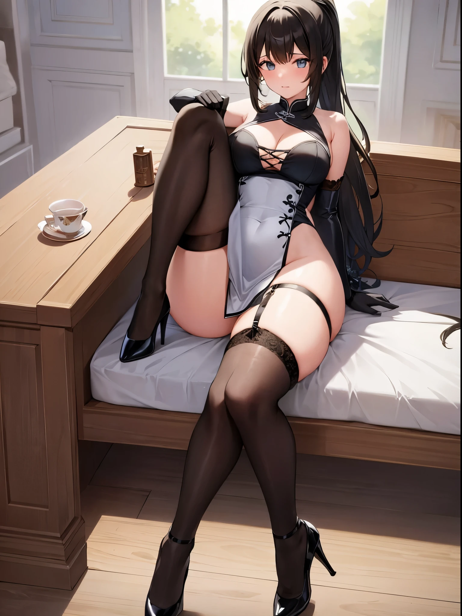 1girl, solo, long hair, breasts, looking at viewer, bangs, large breasts, black hair, hair ornament, thighhighs, gloves, dress, holding, cleavage, bare shoulders, sitting, full body, ponytail, flower, thighs, black gloves, black thighhighs, hair flower, high heels, official alternate costume, cup, garter straps, chinese clothes, white footwear, china dress, hand fan, pelvic curtain, holding fan, vase