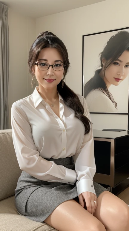 ((photograph))、((本物のphotograph))、mature adult woman、High resolution、((highest quality,8K,masterpiece))、((Full Body Shot 0.85)) face portrait, gentle smile、 ((pale lipstick)), sensual, ((Super Big 2.3))medium hair, black hair, I tied her hair into a bun., formal wear, ((white blouse)), gray tight skirt, Glasses, chubby woman,Living room at home、