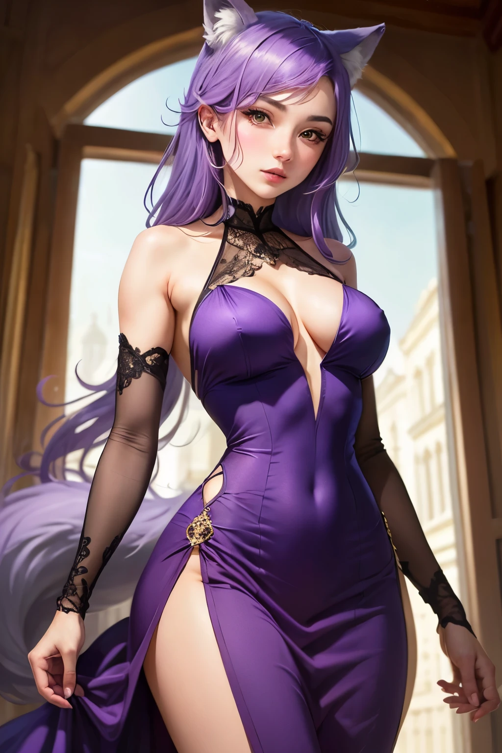 wolf girl with purple hair, with a nice body and dressed in an elegant dress