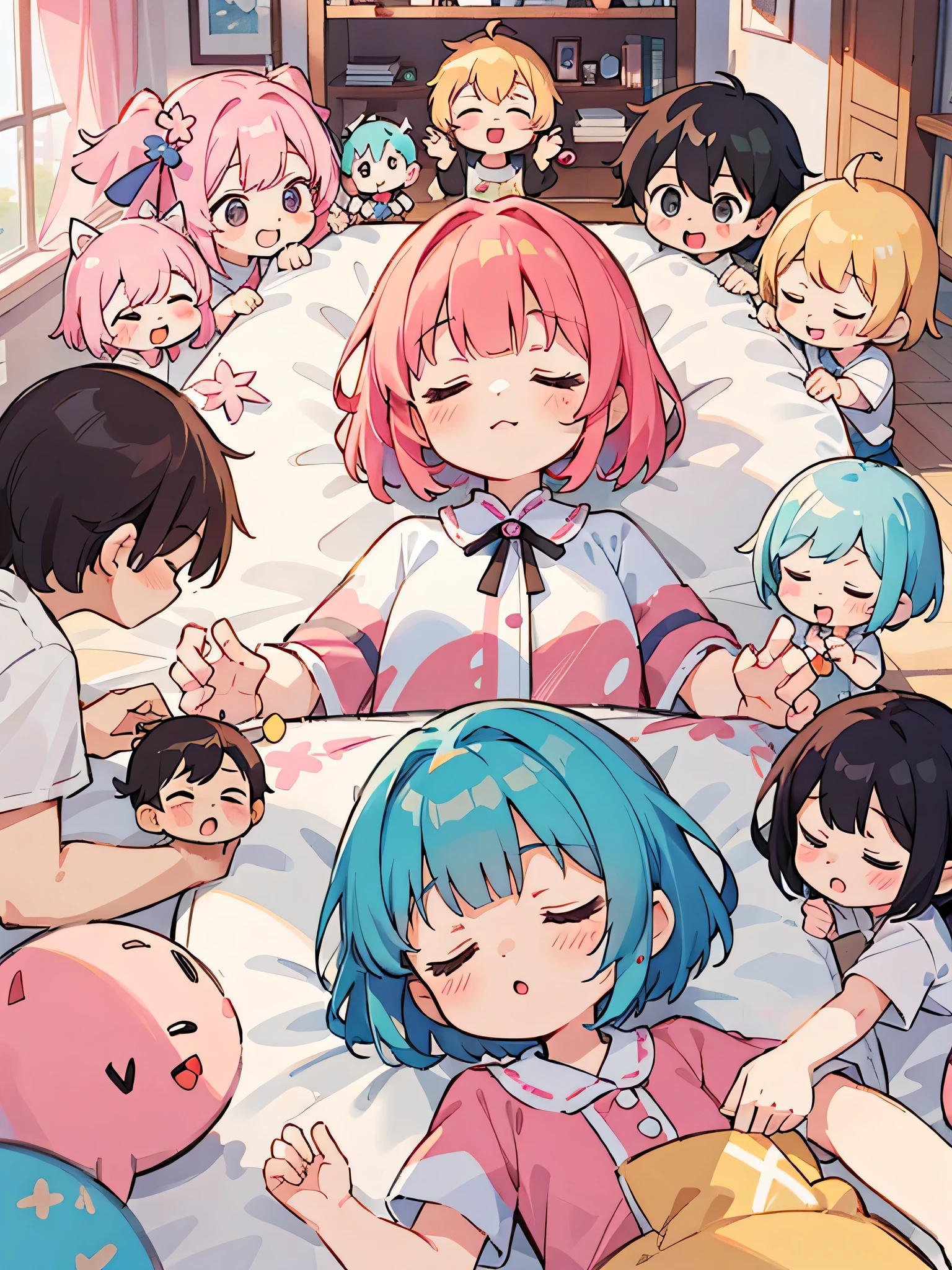 Momoko Sakura style, Kawaii Design, (((10 people)))、most beautiful girl ever、Chibi, Colorful bob hair、((Lots of friends))、children's room、(((Taking a nap with the whole family)))