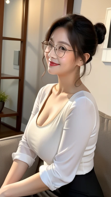 ((photograph))、((本物のphotograph))、mature adult woman、High resolution、((highest quality,8K,masterpiece))、((Full Body Shot 0.85)) face portrait, gentle smile、 ((bright lipstick)), sensual, ((big breasts 1.8))medium hair, black hair, I tied her hair into a bun., formal wear, white blouse, gray vest, Gray formal pants, Glasses, chubby woman,Living room at home、