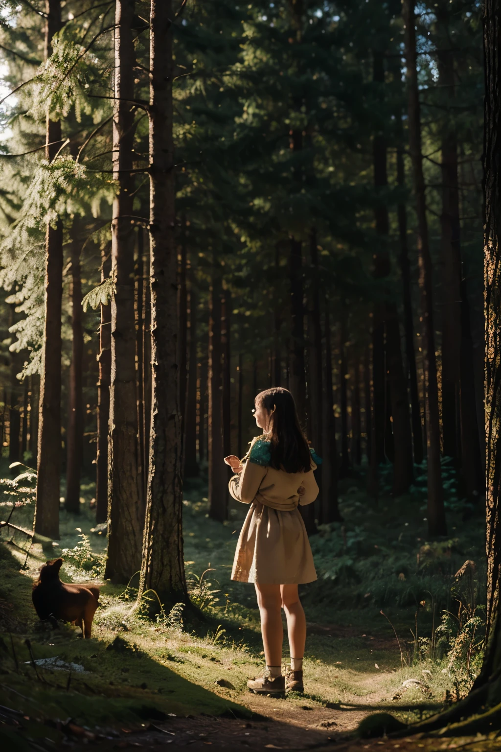 Create an Illustration for a fairy tale about a girl, standing in the forest, who can talk to animals