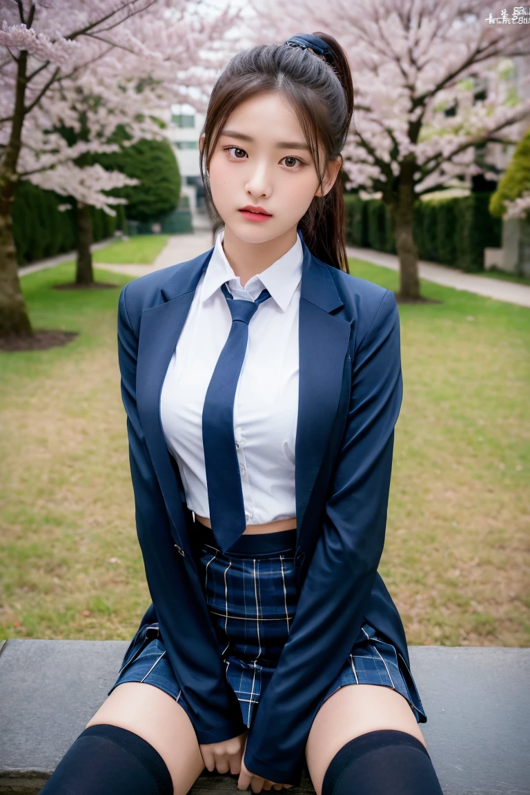 (8K), (highest quality: 1.2), (realistic), (realistic: 1.37), ultra high resolution, 1 girl, cute, angry face, closed mouth, beautiful details, beautiful nose,beautiful hair,ponytail,thighs,university uniform,A simple dark blue satin blazer,Satin White Blouse,A bow tie,pleated skirt,School,Cherry blossom trees in full bloom,(The pattern of the skirt and tie is a dark blue tartan check pattern..:1.3),(The plaid pattern on the skirt is a little small..:1.2),(opaque black thigh high socks:1.4) ,thighsにクローズアップ,look away,
