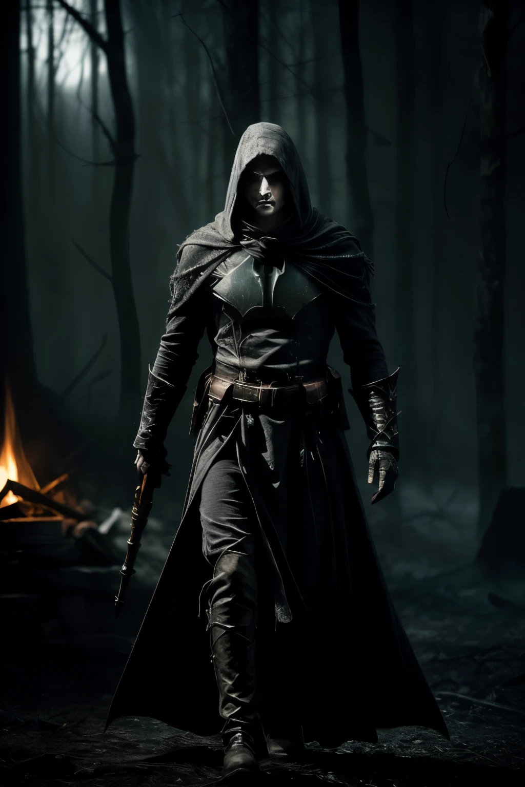 In the enigmatic realm of the World of Darkness, where the line between light and darkness is blurred, the illustrations of the vampire hunter emerge with an aura of intrigue and suspense. With a grimdark atmosphere, the hunter's image is bathed in dark and gloomy colors, setting the tone for an otherworldly encounter. In the foreground, a spectre clad in tattered robes stands, an iron halo hovering above its head - a sign of both divine protection and the hunter's steadfast determination. The hunter's body is engulfed in the flickering light of a roaring fire, the dancing flames casting long, ominous