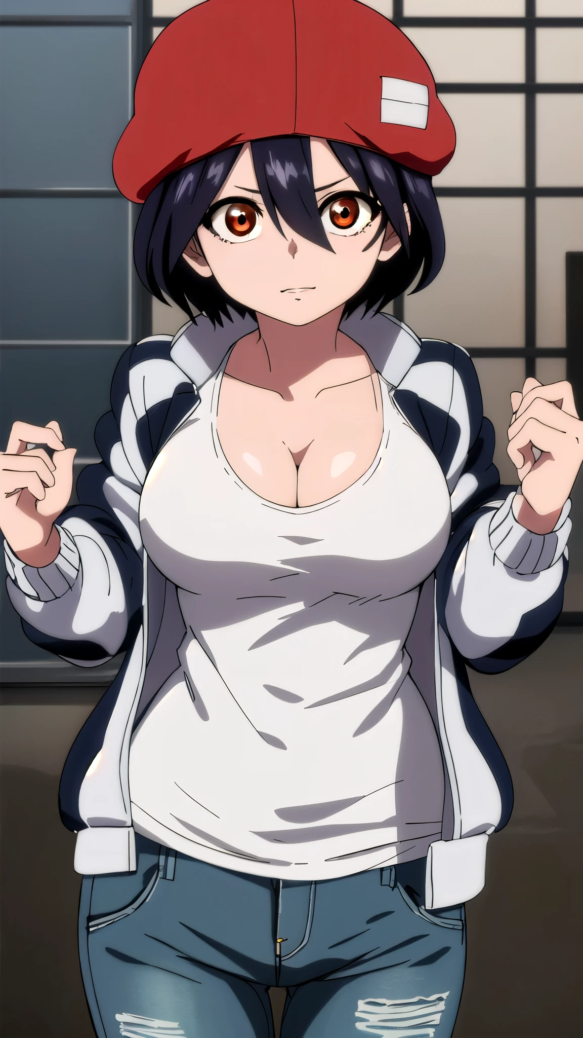 cleavage, fuukoizumo, fuuko izumo, black hair, hair between the eyes, (brown eyes: 1.5), short hair, break shirt, white shirt, jacket, open jacket, trousers, jeans, beret, (red beret: 1 ,2), break looking at viewer , SEARCH interior, classroom, (cowboy shot:1.5), SEARCH(masterpiece:1.2), best quality, high resolution, unity 8k wallpaper, (illustration:0.8 ), (beautifully detailed eyes:1.6), highly detailed face, excellent lighting, highly detailed CG, (perfect hands, excellent anatomy),