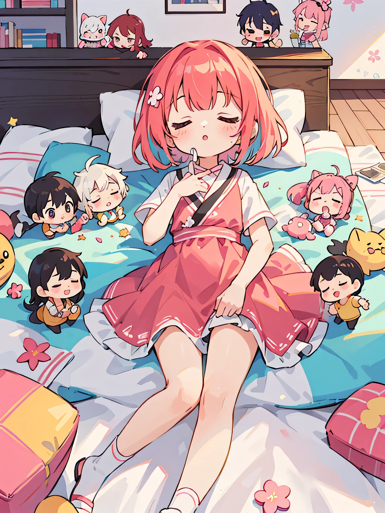 Momoko Sakura style, Kawaii Design, (((10 people)))、most beautiful girl ever、Chibi, Colorful bob hair、((Lots of friends))、children's room、(((Taking a nap with the whole family)))