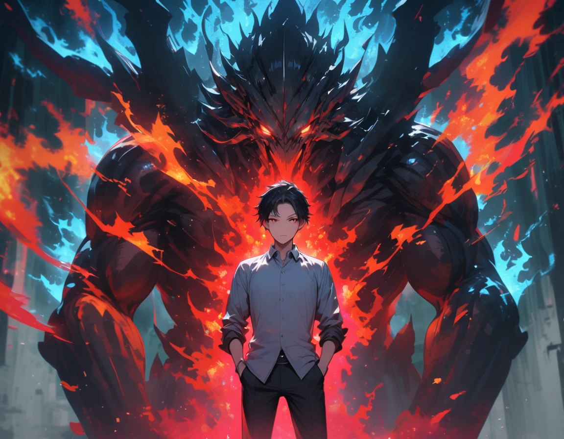 black hair,1boy,male focus,shirt,white shirt,black pants,fire,pants,collared shirt,monster,glowing,short hair,black eyes,blue fire,hands in pockets,closed mouth,red eyes,aura,