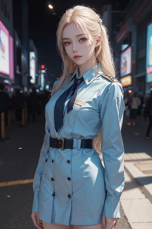 (1girl:1.3), Single, __Body parts__ Sensitive and realistic skin, Pale skin, big, Official art, 16K uniform background, Superior detail, beauty and aesthetics, beauty, Masterpiece, Best quality, In Cyberpunk City, Great atmosphere, Calm color palette, Peaceful mood, Soft shades, Airline stewardess uniform, luster