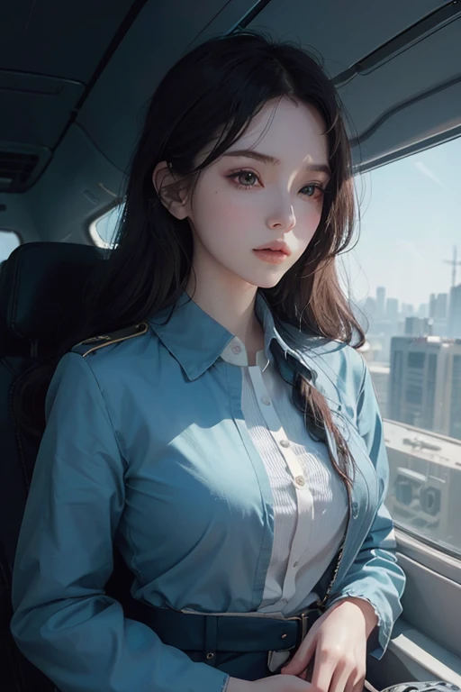 (1girl:1.3), Single, __Body parts__ Sensitive and realistic skin, Pale skin, big, Official art, 16K uniform background, Superior detail, beauty and aesthetics, beauty, Masterpiece, Best quality, In Cyberpunk City, Great atmosphere, Calm color palette, Peaceful mood, Soft shades, Airline stewardess uniform, luster