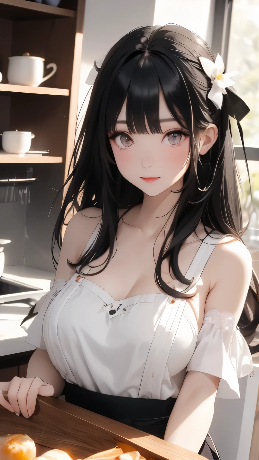 perfect face　black hair　long hair　bangs bangs　whiteい肌　amber eyes　younger sister　apron　pale skin pigment　middle School girls　Thighs　big ribbon　white　cute　sticking out one&#39;s shoulders　side boob　masterpiece　smile　kitchen　kitchen　alone　barefoot　face　upper body　arms behind back　armpit　underboob　No makeup　morning　coffee　セーラー服にapron