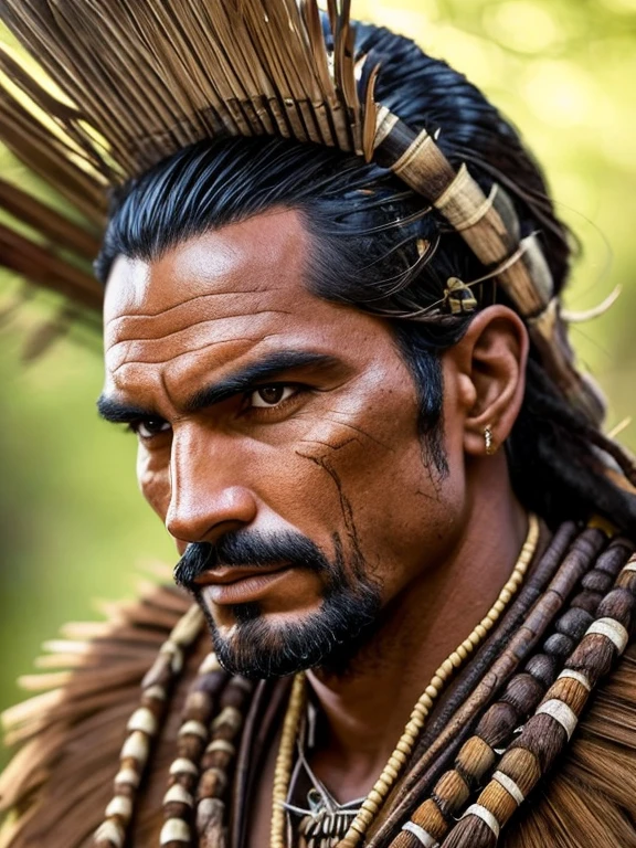 um close up de um homem com um cocar emplumado e uma pintura facial, homem indigenous, povos indigenouss amazônicos no brasil, ayahuasca shaman, Retrato de um guerreiro, marcas tribais faciais, pintura do rosto do guerreiro vermelho, indigenous, pintura facial tribal, usando tinta de guerra, Retrato de um guerreiro masculino, usando armadura tribal, pinturas tribais do rosto, anthropological photography, 16k, High definition, rosto detalhado, rosto detalhado, olhos detalhados, terno detalhado, Estilo DC, hiper-realista, + cinematic photo + dynamic composition, incrivelmente detalhado, nitidez, detalhes + detalhes soberbos + noite com luz + perfeccionismo + realismo premiado ((soft lighting))