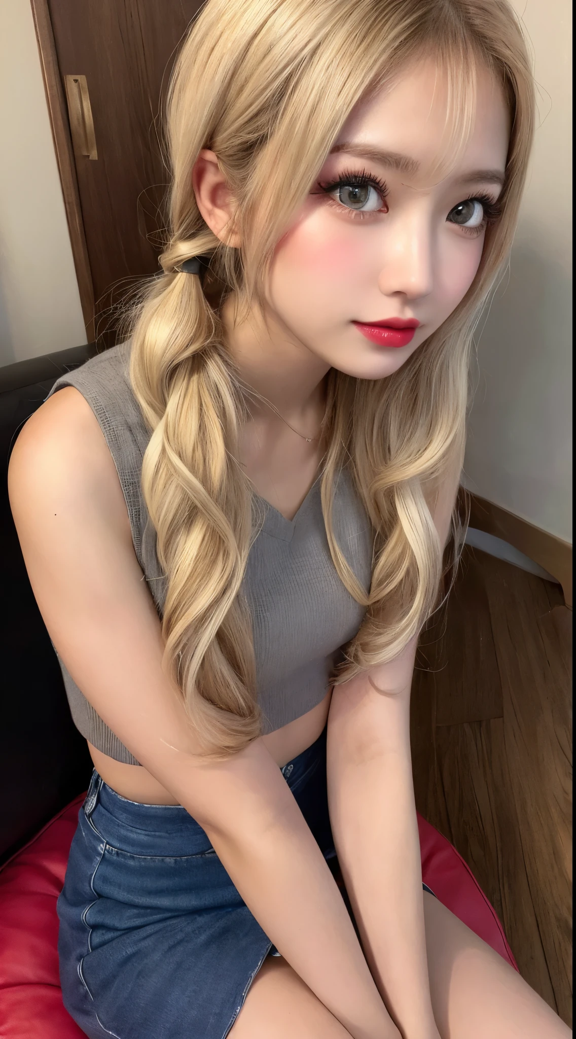high resolution、blonde、Breasts exposed、girl、mini skirt、bright hair color、Sunburned hair、sexy、blonde、high school girl、thin legs、Beautiful eyelashes、High resolution、zoom out、20-year-old、Below the knees, high viewing angle、best quality、An illustration、Super detailed、fine details、High resolution、Dende 8K Wallpaper、detailed beautiful eyes、Random Cute Hairstyles、c cup breasts、Natural lip color