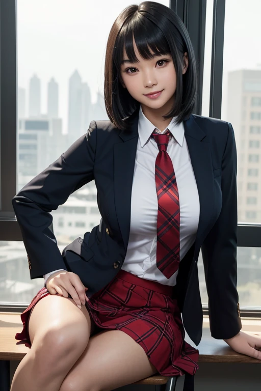 (masterpiece), best quality, expressive eyes, perfect face, (classrom window background), (siting in student desk), (smile), (1girl, Asian, fair skin, black hair, straight hairstyle with bangs, hair bangs, brown eyes, asian eyes, hourglass figure, skinny body, large breasts, long fingernails, navy blue suit jacket, white button shirt, untied red tie, cleavage exposed, red plaid pattern pleaded skirt, red tie, black heels),