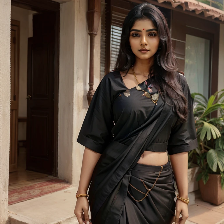 A 30 years old indian woman,wearing black saree without design and red blouse,full body image,looking at viewer,detailed face,detailed clothing style,ultra realistic,8k