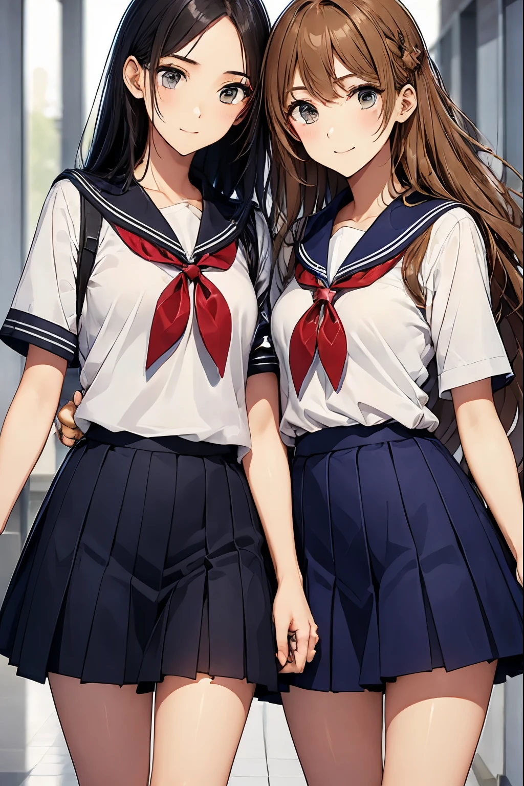 Two high school girls walking hand in hand down a school corridor、seductive smile、