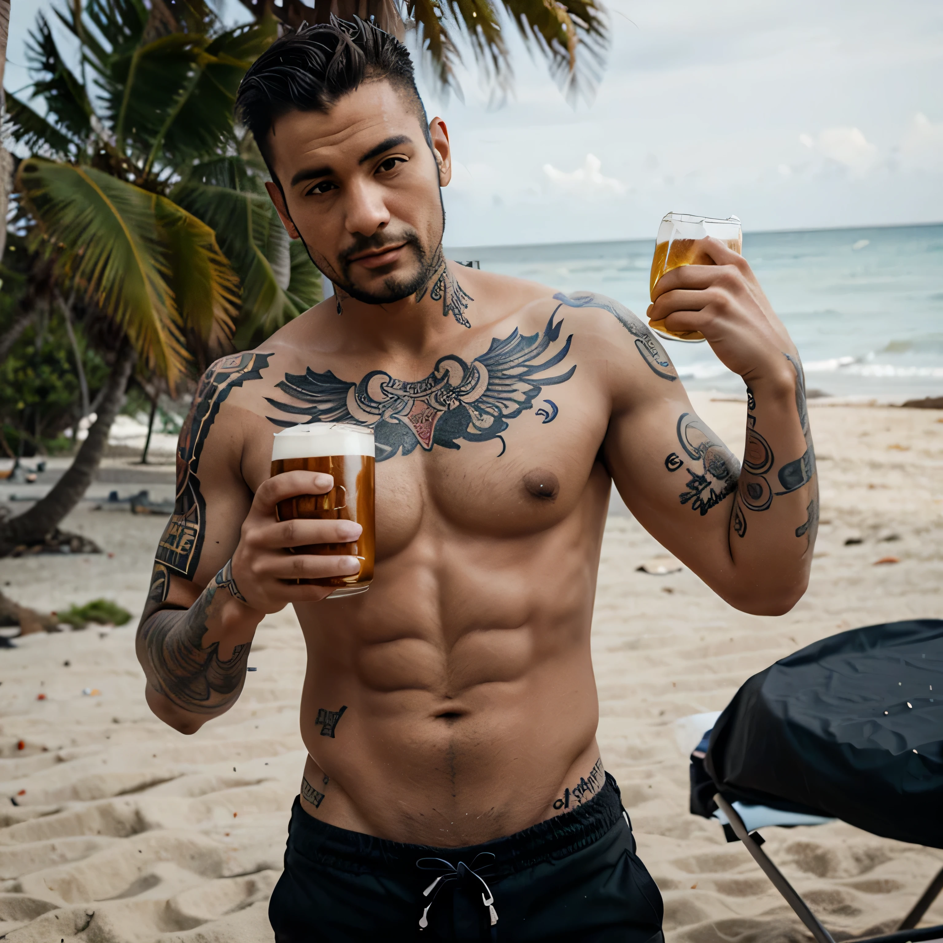 Tattooed man on the beach with beer in hand