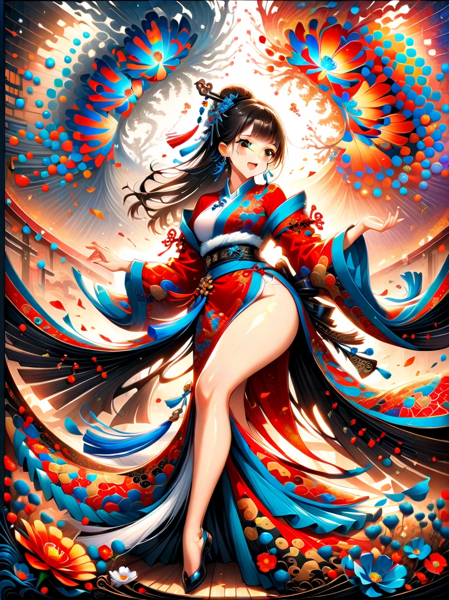 top quality, official art, Beautiful and beautiful:1.2, (1 girl:1.3), Very detailed, (fractal art:1.1), (rich and colorful:1.1)(flowers:1.3), most detailed, (Zentangle:1.2), (dynamic poses), (abstract background:1.3), (Chinese Traditional Cloth:1.2), (shiny skin), (Many colors:1.4), (earrings:1.4), masterpiece, best quality
