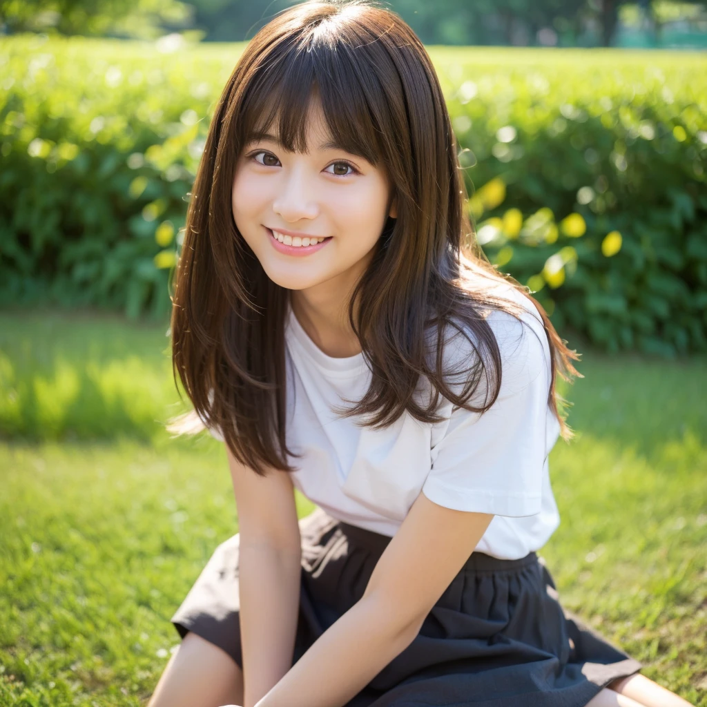 In 8K,highest quality:1.4, 超A high resolution:1.5, (realistic:1.4),masterpiece:1.2,(highest quality:1.4)、 Raw photo、(background is blurry), park on the hill:1.4、grass、full body shot:1.4、 1 japanese girl, cute, (alone), (shy smile), smooth skin、(30 years old:1.2)、Ｔshirt、stand、check mini skirt、cute mini skirt、 (brown medium hair,bangs), (touch hair:1.4)、Nogizaka、cute、supple fingertips,beautiful black eyes、natural skin texture:1.3, Realistic eye and face details:1.7、medium breasts、look at the viewer、gravure