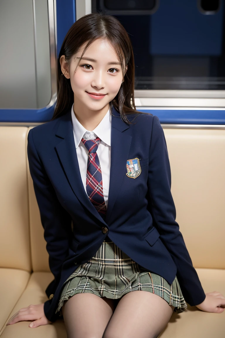 (8K), (highest quality: 1.2), (realistic), (realistic: 1.37), ultra high resolution, 1 girl, cute, smile, closed mouth, beautiful details, beautiful nose, wet hair, giant dulcefo, pork, thighs,self snap,University Student Uniform,Sitting on a train in Tokyo,simple blazer,pleated skirt,(The pattern of the skirt and tie is a tartan check pattern...:1.3),cross your legs, From above,thighs,tights