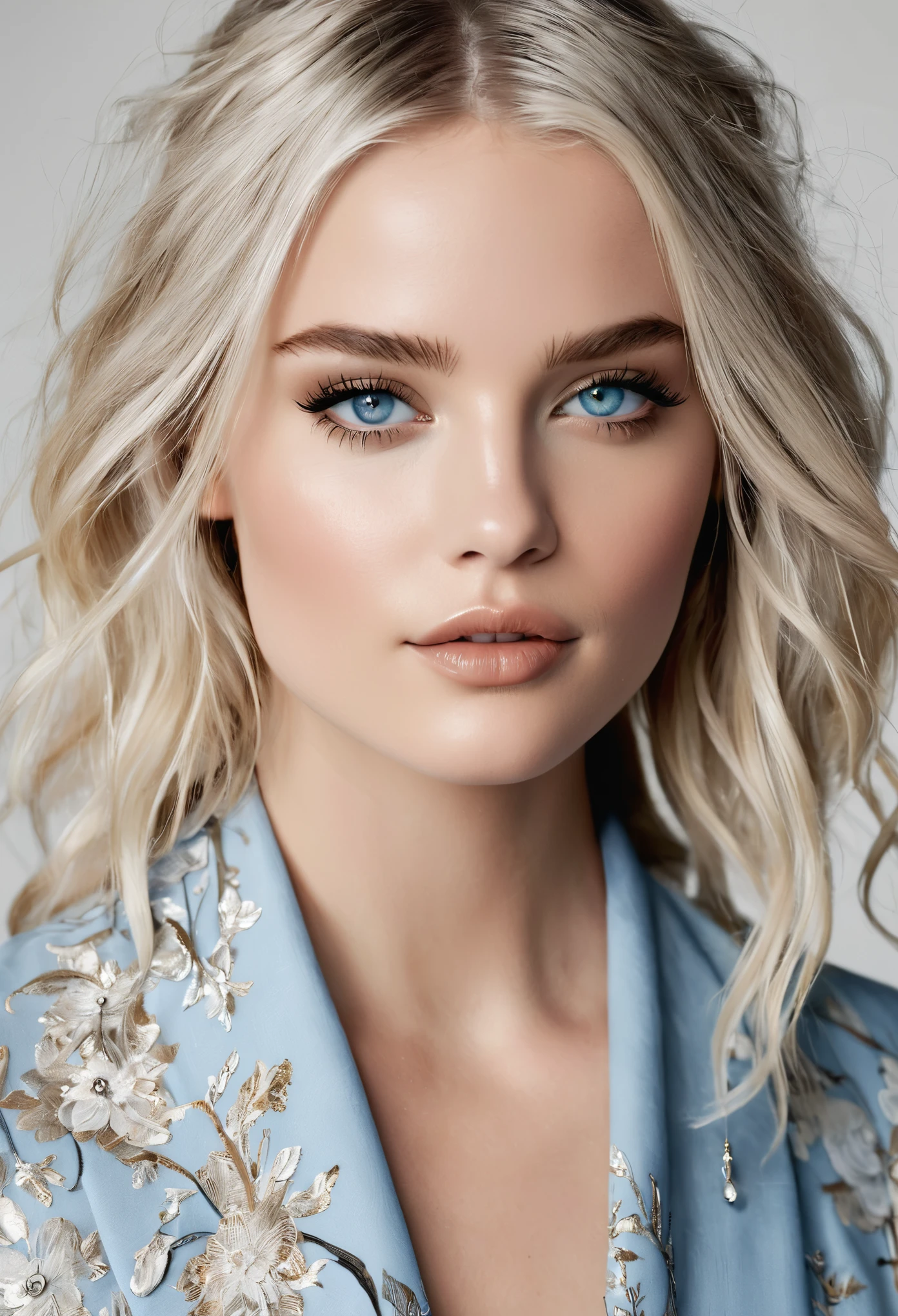 Harper is a vision of ethereal beauty, with cascading platinum blonde locks that shimmer like moonlight. Her piercing gray-blue eyes hold a captivating gaze that speaks of mystery and intrigue. Standing at 5'9", Harper possesses a slender yet athletic figure, with graceful curves that exude confidence and grace.Style and Fashion: Harper's style is effortlessly chic with a touch of whimsy. Whether she's strutting down the runway in a flowy bohemian dress or rocking a tailored pantsuit with bold accessories, she exudes sophistication and confidence. Her fashion choices reflect her playful personality and love for mixing timeless classics with modern trends.Facial Features: With her sculpted cheekbones, full lips, and flawless porcelain complexion, Harper exudes an otherworldly beauty that captivates all who encounter her. Her expressive eyes are framed by long, fluttery lashes, adding depth and intensity to her striking gaze. A dainty nose ring and delicate ear piercings add a touch of edge to her classic features.