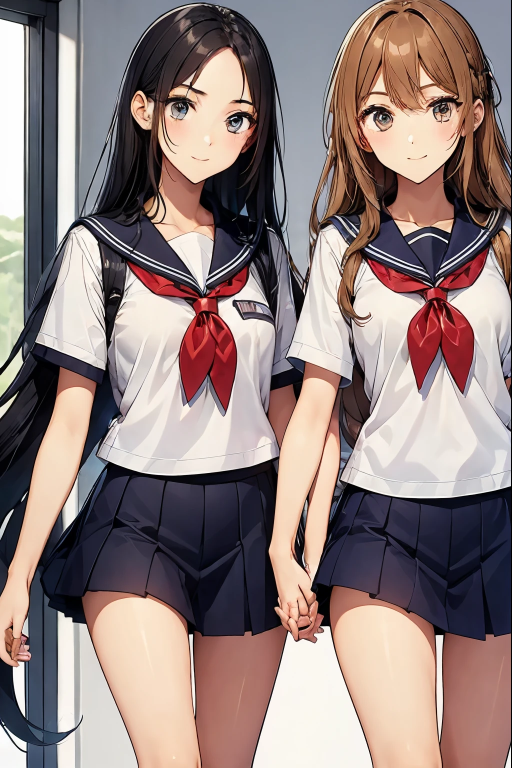 Two high school girls walking hand in hand down a school corridor、seductive smile、