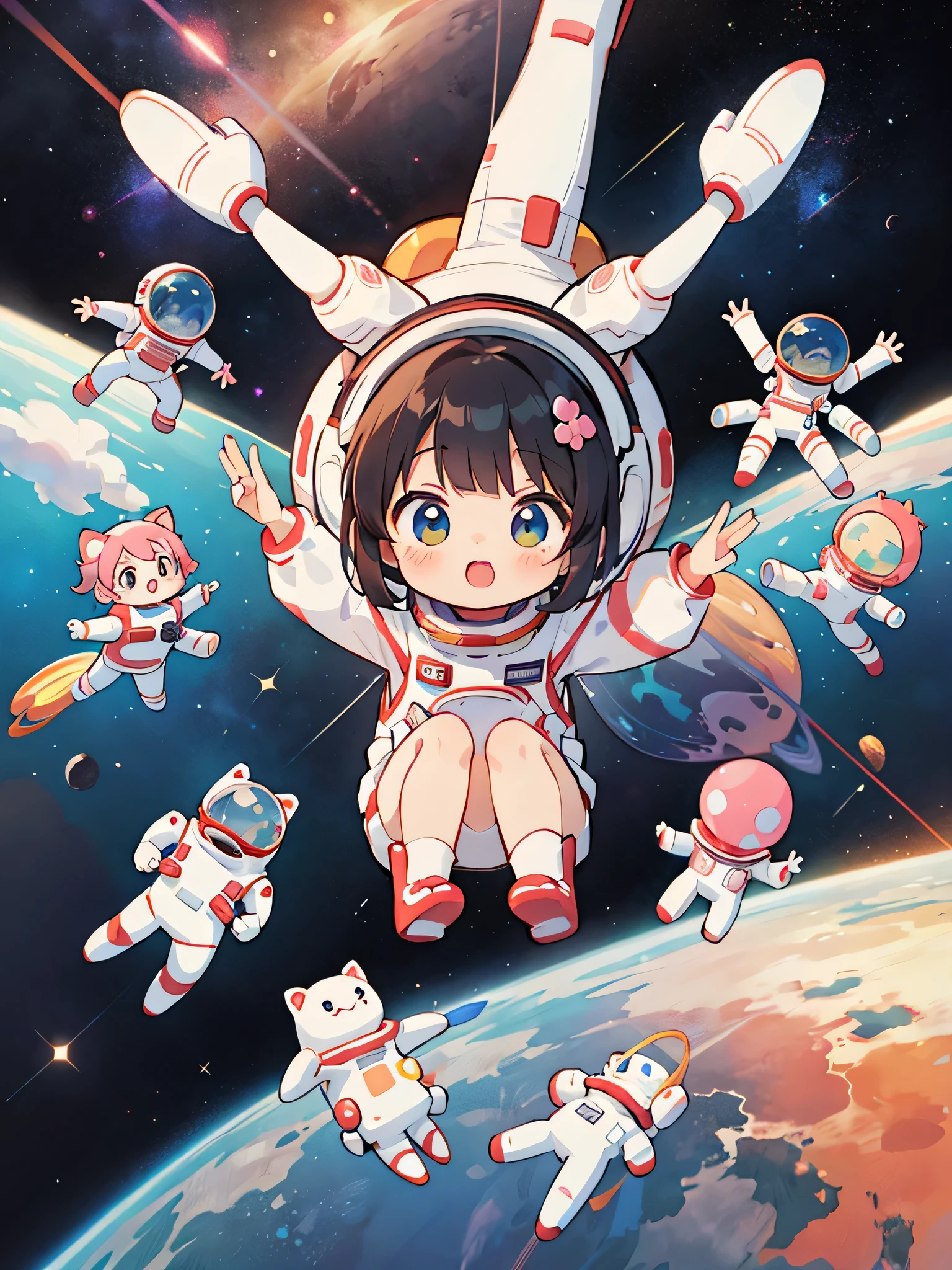 Momoko Sakura style, Kawaii Design, (((10 people)))、most beautiful girl ever、Chibi, Colorful bob hair、((Lots of friends))、children's room、(((Spacewalk together)))
