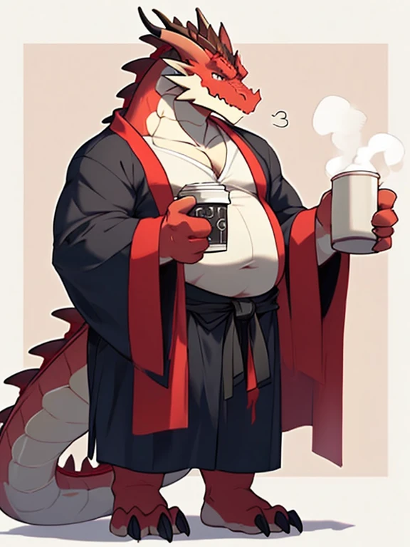 overweight red dragon man in a robe holding a cup, sleepy, dragon, but like an anthropomorphic dragon, thick, our dragon species, drinking coffee, SFW version, (SFW) safe for work, sleepy dragon, furry dragon, high quality fanart, young male anthro dragon