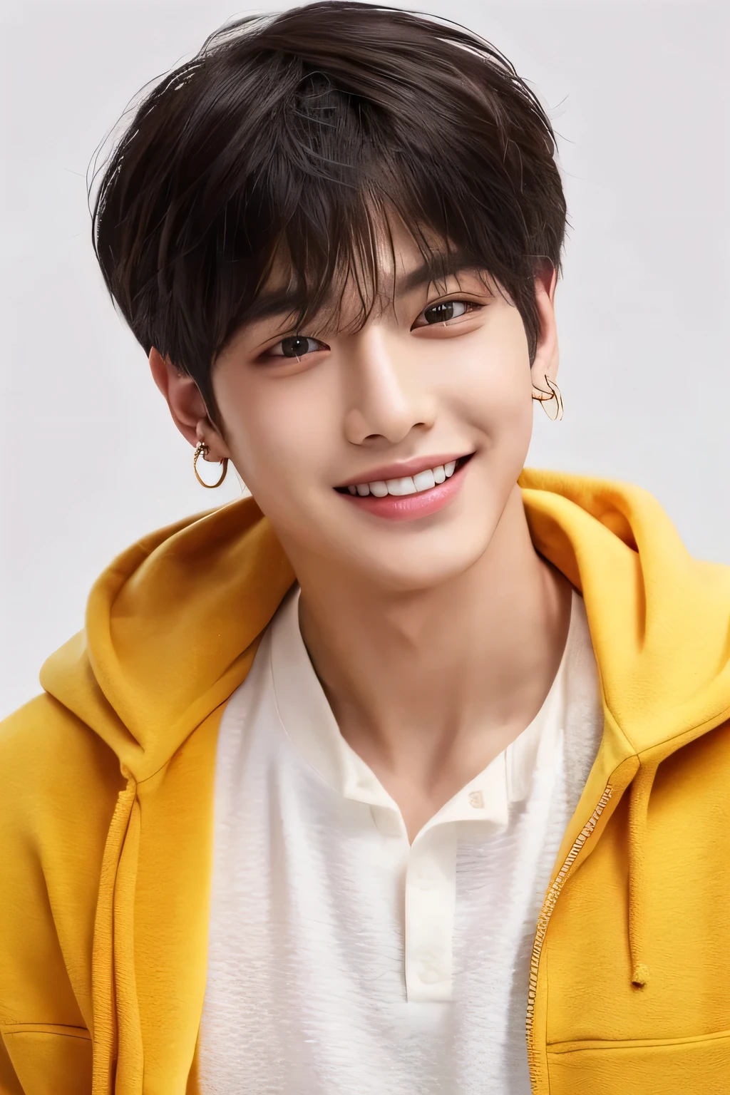 ((best quality)), ((masterpiece)), (detailed), perfect face、genuine、1 boy、a bad man、Villain、(Ryo Yoshizawa:2.0)、(host)、Upper body、white background、Gucci hoodie、Black Hoodie、supreme、black hair、S class handsome guy、look at me、upward glance、white skin、Face with makeup、Super handsome、short hair、mash hair、Beautiful, well-groomed hair、sexy look、other poses、accessories、earrings、beautiful teeth、smile、