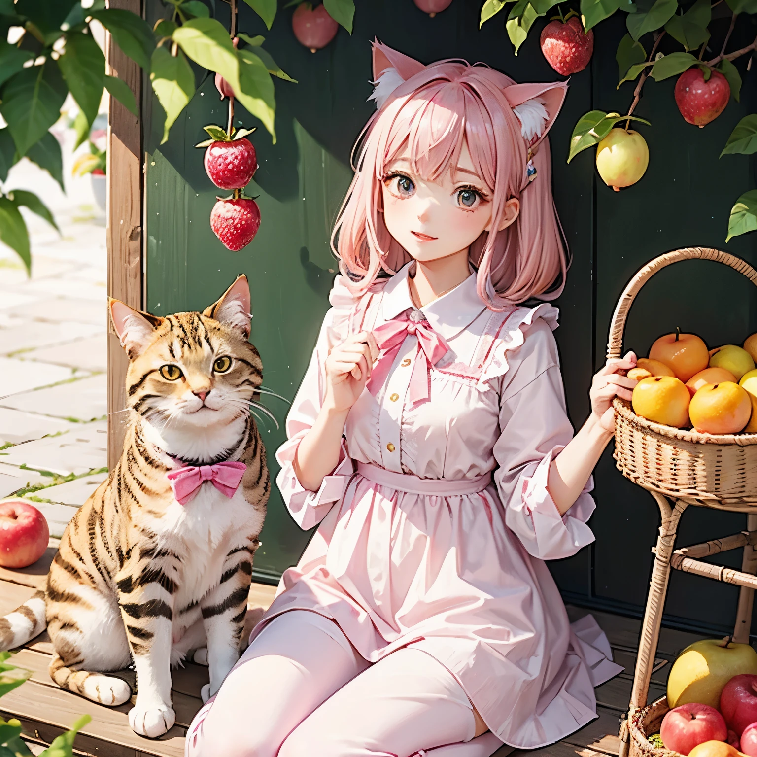 Cat with pink ribbon、pink hair、white clothes、Surrounded by fruit