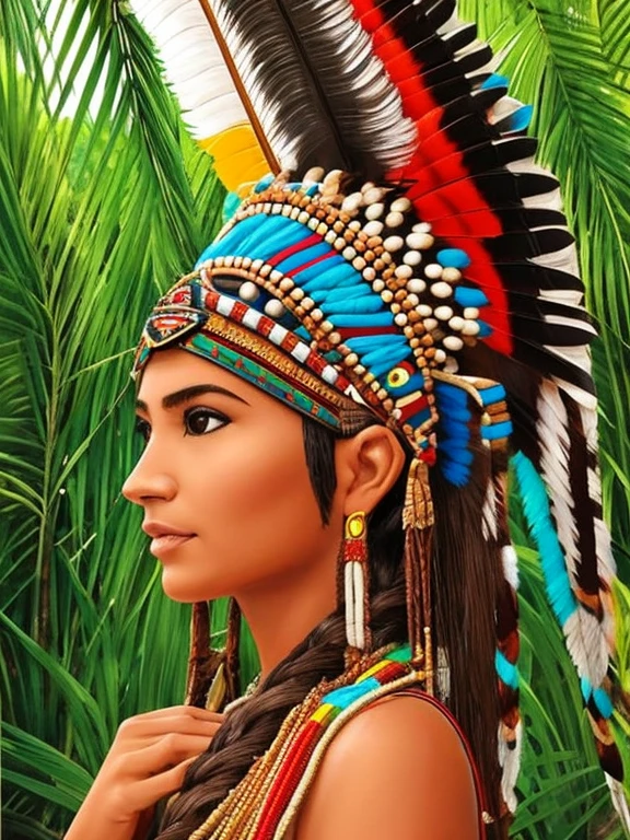 Arte em quadrinhos, pintura digital. A beautiful indigenous girl in native with feathers and feathers on her head, Amazonian indigenous peoples in Brazil, linda jovem feminina brasileira nativa, pintar o rosto, corpo quente, Yanomami Indian in typical costumes,alta qualidade. Amazon rainforest and river bottom. cores vivas, cinematic lighting. detalhado, intrincado, detalhado face.