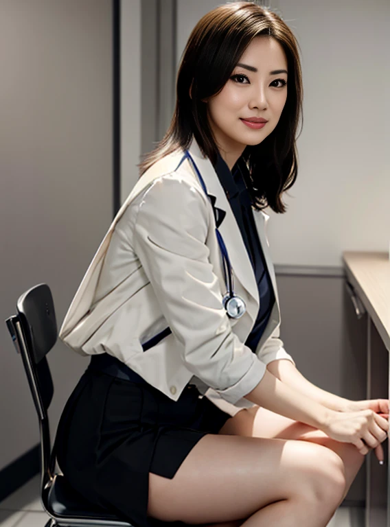 Photorealistic beautiful doctor、amazingly beautiful、doctor'彼女の白いコートの下にはsexyな赤い下着がある, collared shirt、(highest quality、8K、32k、masterpiece、nfsw:1.3)、ultra high resolution,(Photoreal:1.4),Raw photo, detailed face,,beautiful hair, ((doctor style)), , black tight skirt、 natural makeup,, big and full breasts、Inside the hospital, detailed background, perfect lighting, Depth of written boundary, beautiful shadow gradation,Stethoscope ,NSFW、Beautiful female doctor、I fall in love、Her underwear is visible、Sit in the examination chair、camel toe、huge tit、Nipple Puffs、cleavage、Plump、Super big breasts、super big butt、sexy、sexyポーズ、lure、smile