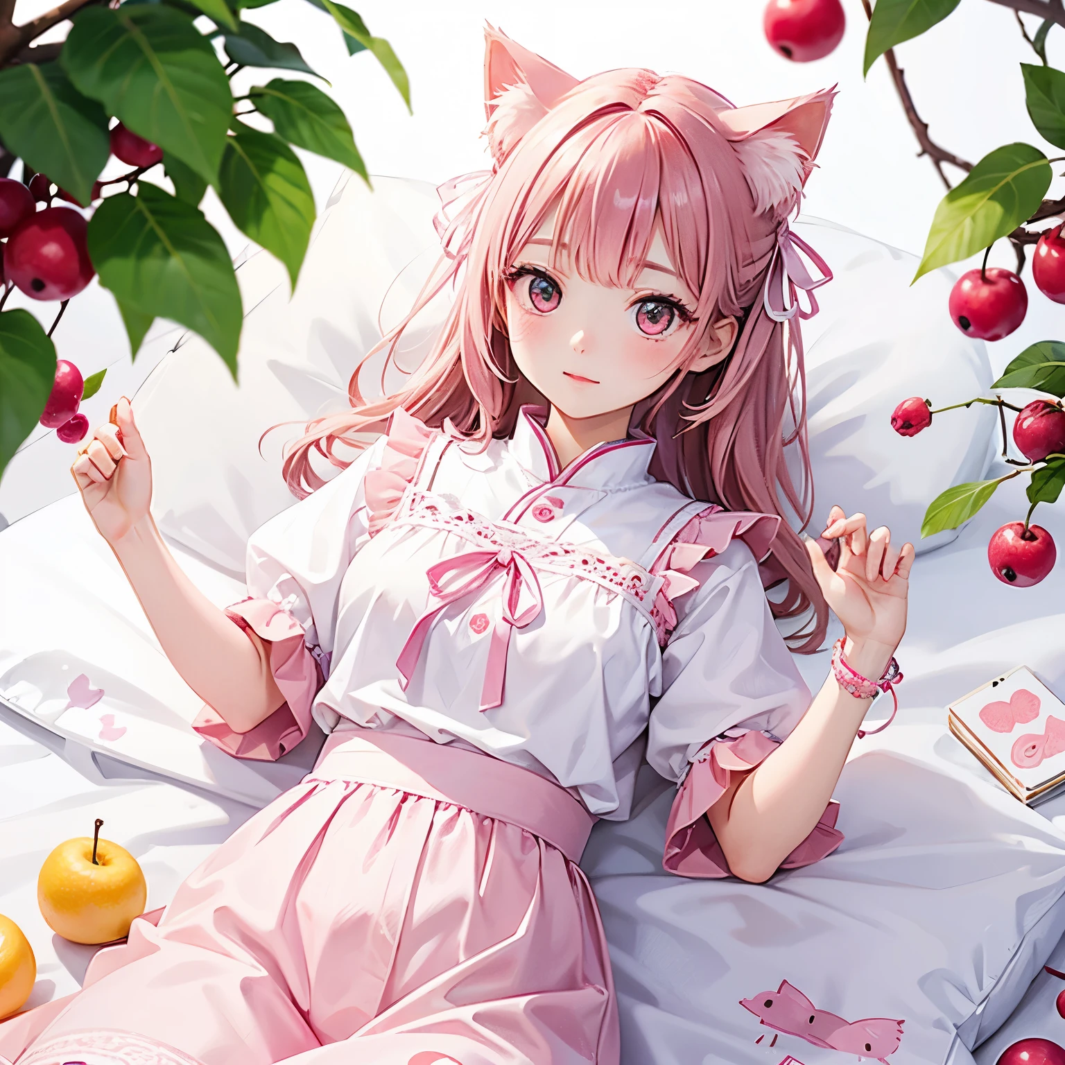 Cat with pink ribbon、white clothes、Clothes with fruit pattern