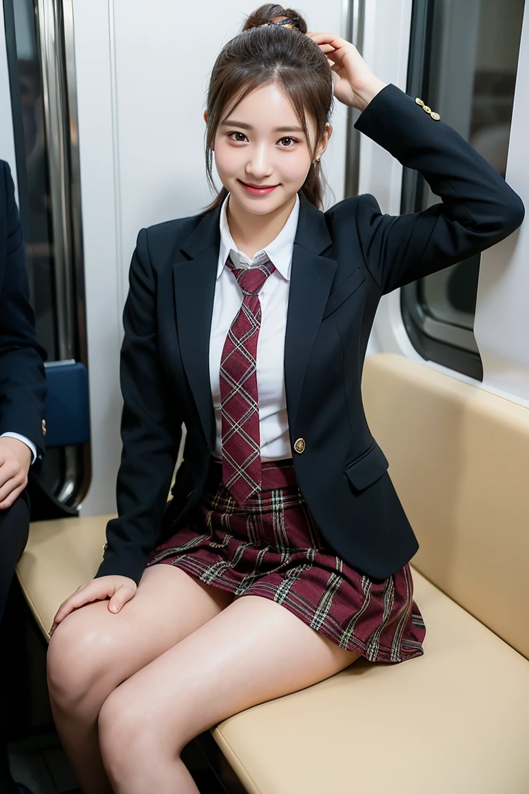 (8K), (highest quality: 1.2), (realistic), (realistic: 1.37), ultra high resolution, 1 girl, cute, smile, closed mouth, beautiful details, beautiful nose, wet hair, giant dulcefo, pork, thighs,self snap,University Student Uniform,Sitting on a train in Tokyo,simple blazer,pleated skirt,(The pattern of the skirt and tie is a tartan check pattern...:1.3),cross your legs, From above,thighs,ponytail,opaque knee high tights