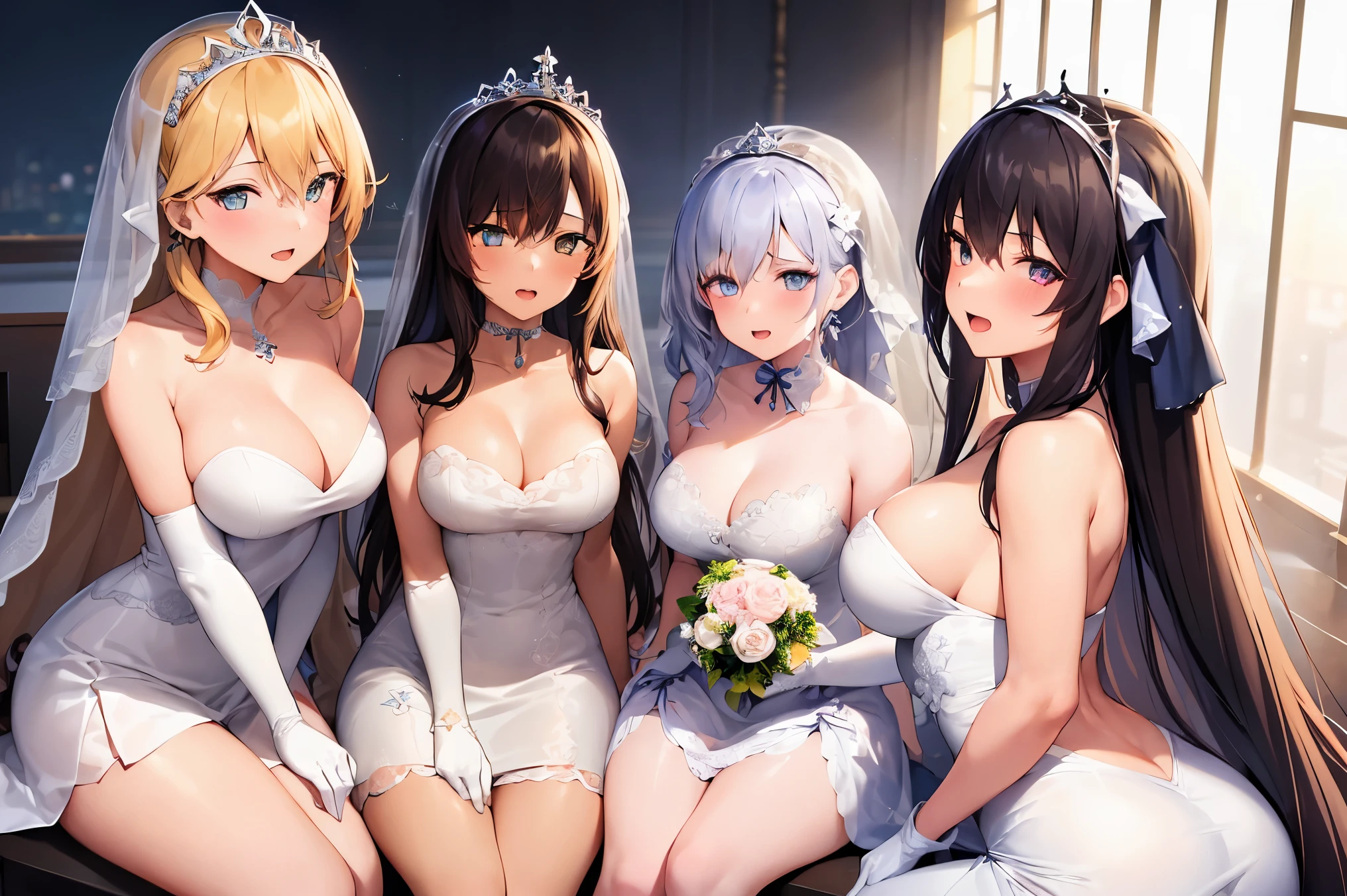 ((4girls:1.5)),Manga panel layout: kuratayui, ahoge, medium hair, twintails, hair ribbon, hair ornament,
BREAK (gloves, dress, cleavage, bare shoulders, collarbone, elbow gloves, white gloves, white dress, strapless, tiara, veil, strapless dress, wedding dress, bridal veil:1.2),
BREAK sitting on a ledge,seductive anime girl,
BREAK (masterpiece:1.2), best quality, high resolution, unity 8k wallpaper, (illustration:0.8), (beautiful detailed eyes:1.6), extremely detailed face, perfect lighting, extremely detailed CG, (perfect hands, perfect anatomy),perfect face,