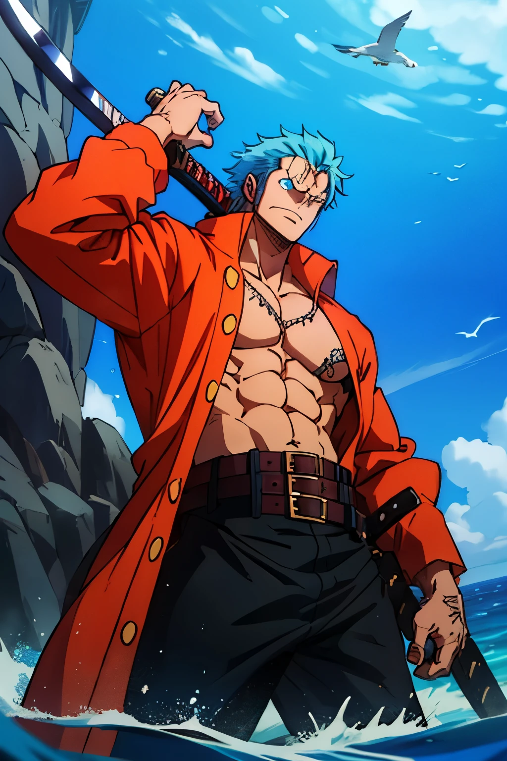 A man of 29 years, with a belt holding up his sword, has piercing blue eyes. In the world of One Piece, he is known as a villain.

A masculine figure, with a lean yet muscular build, clutches his waist, securing the belt that keeps his sword in place. His piercing blue eyes, as deep and captivating as the ocean itself, reflect an unyielding determination. His youthful face, etched with the signs of maturity and experience, tells the story of a life filled with adventure and danger.

In the vast universe of One Piece, this man is a villain, a formidable foe to be reck