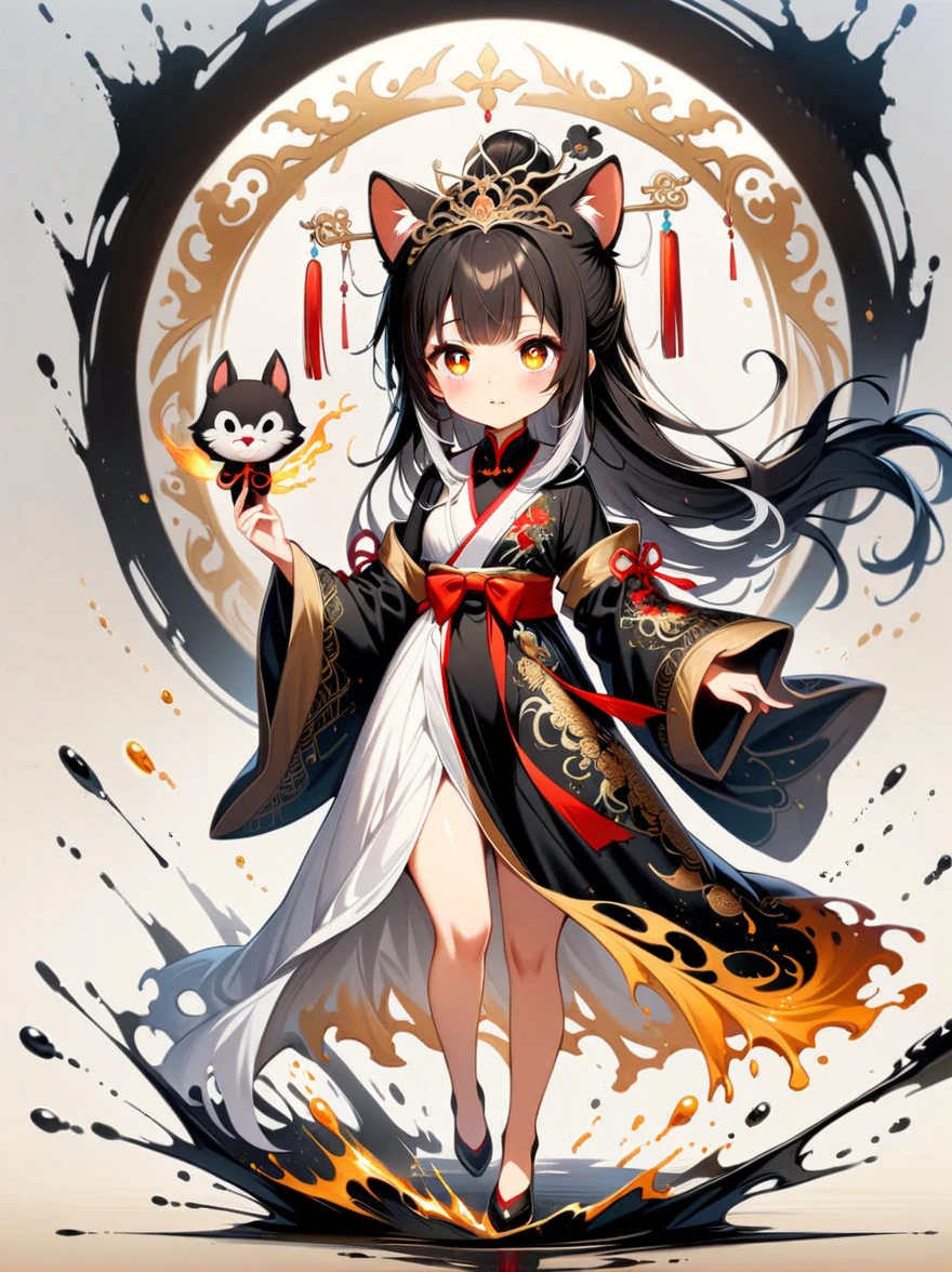 Amazing, beautiful detailed eyes, ((((1girl)))), finely detailed, extremely detailed CG unity 8k wallpaper, (((((full body))))), (((cute animal face))), (((a girl wears Clothes Black and white Taoist robes))), ((Extremely gorgeous magic style)), ((((gold and silver lace)))), (((flowing lace))), (((flowing ((black)) and white background))), (((((gorgeous detailed eyes))))), (((((((gorgeous detail face))))))), ((floating hair)), (((Pick and dye black hair in white hair))), (((flowing transparent black))), (((flowing transparent white))), (((((ink))))), ((((small breast)))), (((extremely detailed gorgeous tiara))), (((black and white hair))), ((black hair stick)), ((white hair ornament)), ((gold gorgeous necklace)), ((flowing hair)), (((The picture fills the canvas))), ((The character is in the center of the frame)), (((flowing))), ((bright pupils)), ((((melt)))), (((((black and white melt))))), Depth of field, masterpiece, (best quality)