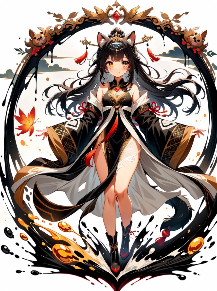 Amazing, beautiful detailed eyes, ((((1girl)))), finely detailed, extremely detailed CG unity 8k wallpaper, (((((full body))))), (((cute animal face))), (((a girl wears Clothes Black and white Taoist robes))), ((Extremely gorgeous magic style)), ((((gold and silver lace)))), (((flowing lace))), (((flowing ((black)) and white background))), (((((gorgeous detailed eyes))))), (((((((gorgeous detail face))))))), ((floating hair)), (((Pick and dye black hair in white hair))), (((flowing transparent black))), (((flowing transparent white))), (((((ink))))), ((((small breast)))), (((extremely detailed gorgeous tiara))), (((black and white hair))), ((black hair stick)), ((white hair ornament)), ((gold gorgeous necklace)), ((flowing hair)), (((The picture fills the canvas))), ((The character is in the center of the frame)), (((flowing))), ((bright pupils)), ((((melt)))), (((((black and white melt))))), Depth of field, masterpiece, (best quality)