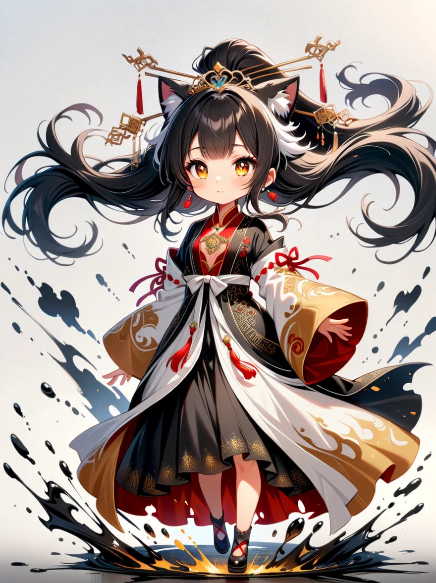 Amazing, beautiful detailed eyes, ((((1girl)))), finely detailed, extremely detailed CG unity 8k wallpaper, (((((full body))))), (((cute animal face))), (((a girl wears Clothes Black and white Taoist robes))), ((Extremely gorgeous magic style)), ((((gold and silver lace)))), (((flowing lace))), (((flowing ((black)) and white background))), (((((gorgeous detailed eyes))))), (((((((gorgeous detail face))))))), ((floating hair)), (((Pick and dye black hair in white hair))), (((flowing transparent black))), (((flowing transparent white))), (((((ink))))), ((((small breast)))), (((extremely detailed gorgeous tiara))), (((black and white hair))), ((black hair stick)), ((white hair ornament)), ((gold gorgeous necklace)), ((flowing hair)), (((The picture fills the canvas))), ((The character is in the center of the frame)), (((flowing))), ((bright pupils)), ((((melt)))), (((((black and white melt))))), Depth of field, masterpiece, (best quality)