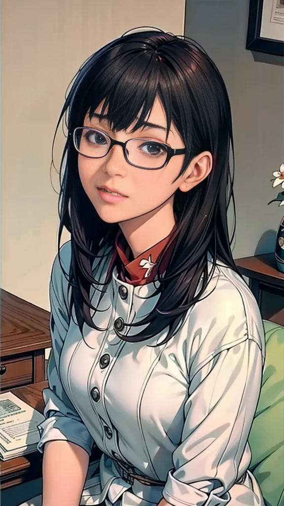 An anime girl with glasses is sitting at a desk with a book, range murata and art germ, makoto shinkai and art germ, art germ and ilya kuvshinov, Gwaites style artwork, ilya kuvshinov and art germ, extremely detailed art germ, art germ. anime illustration