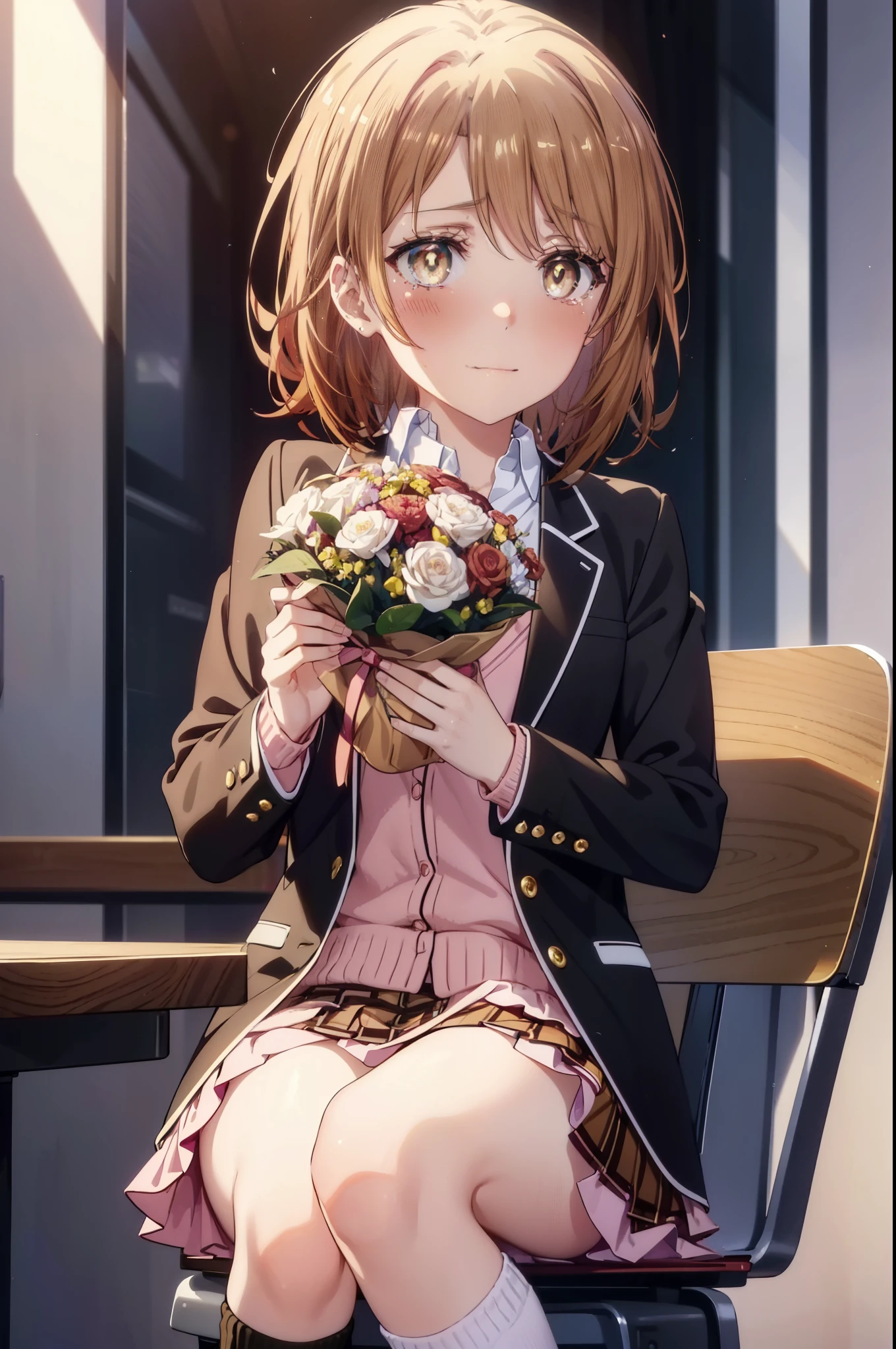 irohaisshiki, Isshiki Iroha, short hair, light brown hair, (Brown ruby eyes:1.5), smile,blush,tears run down her face,tears of joy、I cry a lot、break skirt, shirt, ribbon, , Jacket, white shirt, open clothes, socks, open Jacket, black Jacket, plaid, knee high, plaid skirt, blazer, cardigan, black socks, pink cardigan,Holding a bouquet in both hands ,birthday,There is a birthday cake on the table,sitting in a chair,confetti,
break indoors,classroom ,
break looking at viewer,(cowboy shot:1. 3)
break (masterpiece:1.2), highest quality, High resolution, unity 8k wallpaper, (shape:0.8), (beautiful and detailed eyes:1.6), highly detailed face, perfect lighting, Very detailed CG, (perfect hands, perfect anatomy),