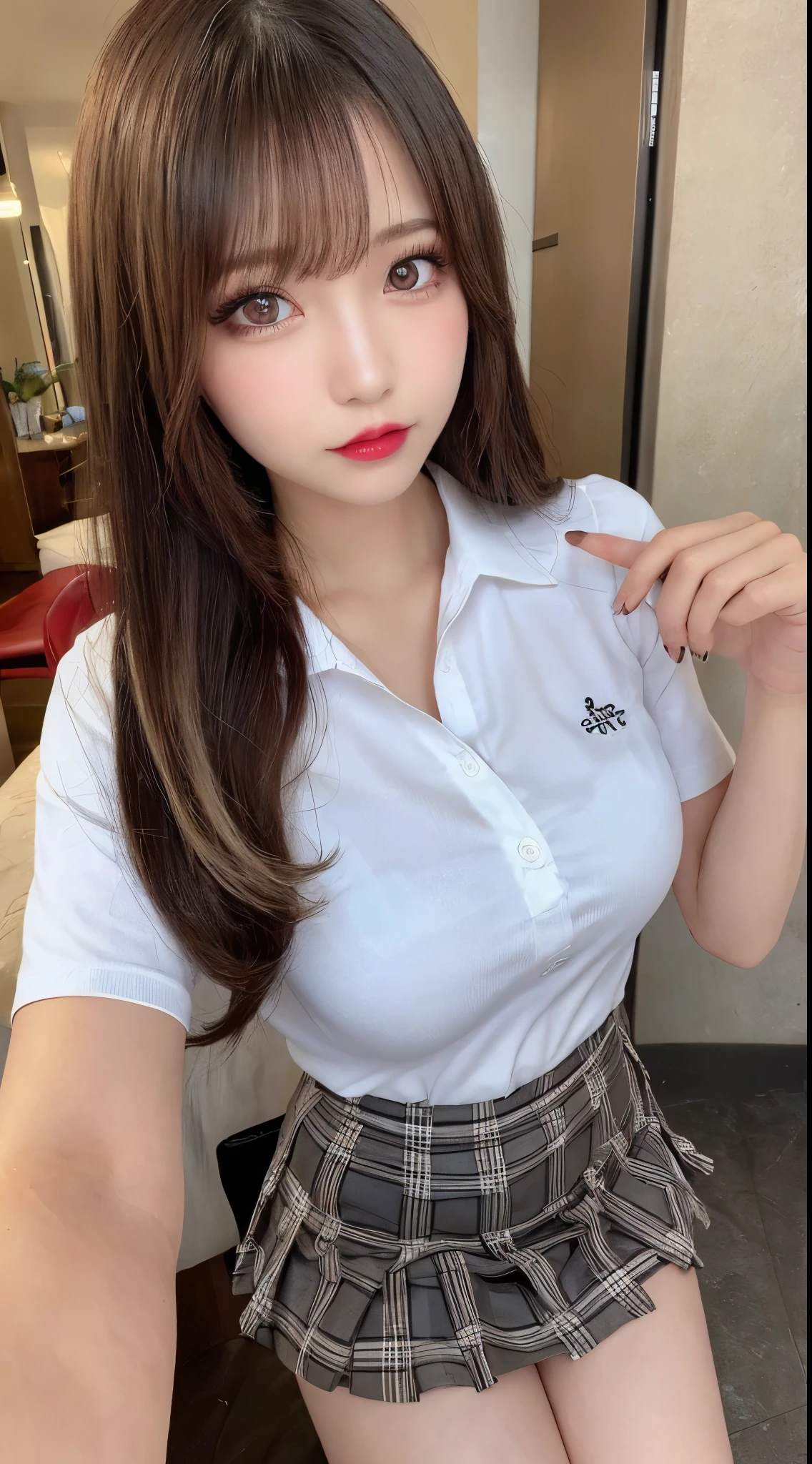 high resolution、blonde、plaid skirt、white Y shirt、girl、mini skirt、bright hair color、Sunburned hair、sexy、blonde、high school girl、thin legs、Beautiful eyelashes、High resolution、zoom out、20-year-old、Below the knees, high viewing angle、best quality、An illustration、Super detailed、fine details、High resolution、Dende 8K Wallpaper、detailed beautiful eyes、Random Cute Hairstyles、c cup breasts、Natural lip color、1 girl, {{{masterpiece}}}, {{{best quality}}}, {{{ultra-detailed}}}, {{{highres}}}, {cinematic lighting}, Yumeko is a tall, beautiful girl, long thick black hair styled in a hime-cut and burgundy eyes; red eyes, she has pink glossed lips, , green checked skirt, short skirt, waifu,slender body,small breasts,shirt_lift,show nipples,,