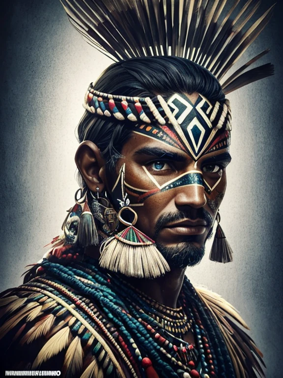 um close up de um homem com um cocar emplumado e uma pintura facial, homem indigenous, povos indigenouss amazônicos no brasil, ayahuasca shaman, Retrato de um guerreiro, marcas tribais faciais, pintura do rosto do guerreiro vermelho, indigenous, pintura facial tribal, usando tinta de guerra, Retrato de um guerreiro masculino, usando armadura tribal, pinturas tribais do rosto, anthropological photography, 16k, High definition, rosto detalhado, rosto detalhado, olhos detalhados, terno detalhado, Estilo DC, hiper-realista, + cinematic photo + dynamic composition, incrivelmente detalhado, nitidez, detalhes + detalhes soberbos + noite com luz + perfeccionismo + realismo premiado ((soft lighting))