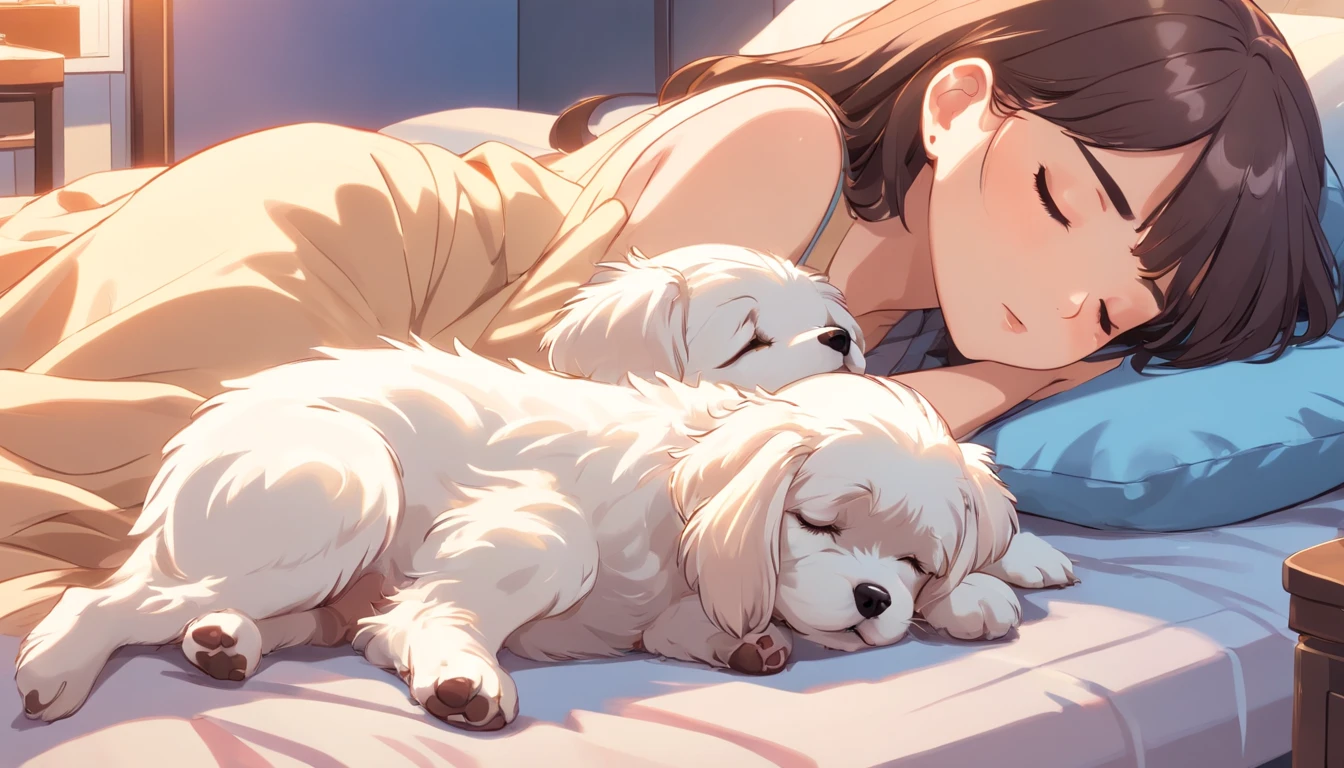 sticker, Girl sleeping with two small Maltese puppies, drooping ears, Teacup puppy size, overview, vector, white outline, bed, 8K,