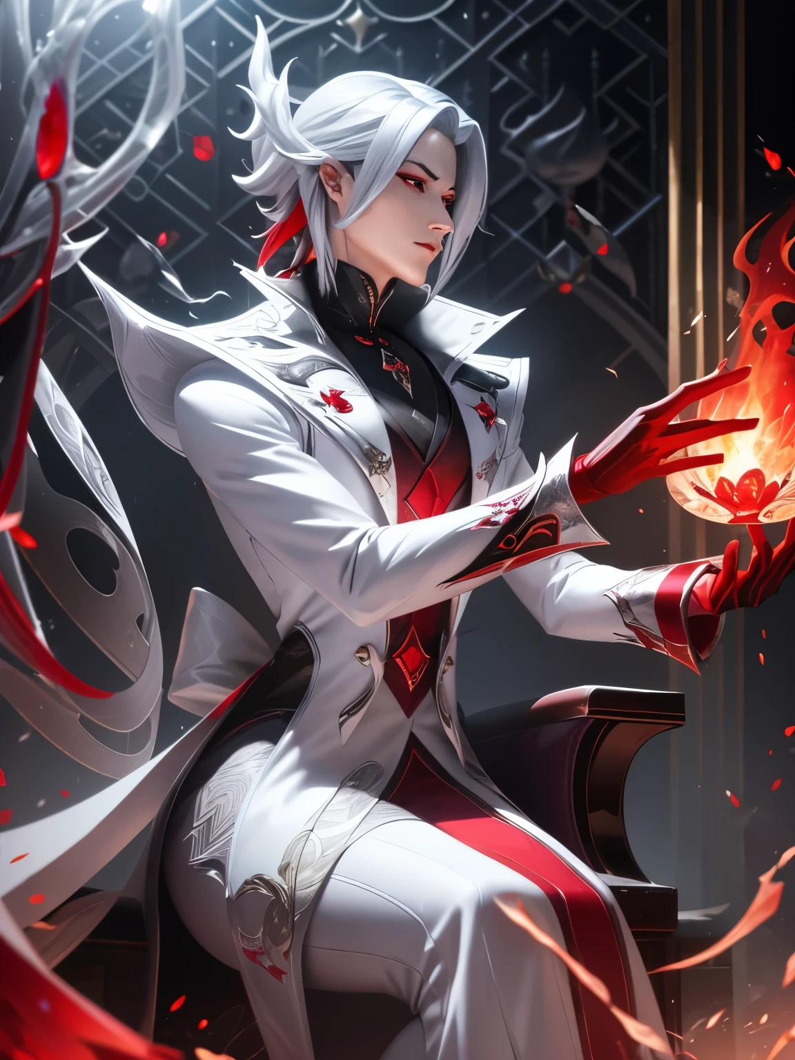 white shirt,(red black fire magic:1.2), League of Legends สแปลชอาร์ต, devil,(red cross eyes:1.2),crystal,Sit on the throne.,side view,gold,fish,black hand,Europe,Middle Ages,silver,red magic,joy,luxurious,diamond,flower,full figure,(black matter magic:1.2),mirror,mirrorเเตก,ผลึกcrystal,white coat,palace,silver lace pattern,sparks,ashes,smoke,Insects,(Arlecchino genshin impact:1.2),(power:1.0),(evelynn:1.2),Moth,black and white hair,silver coat


