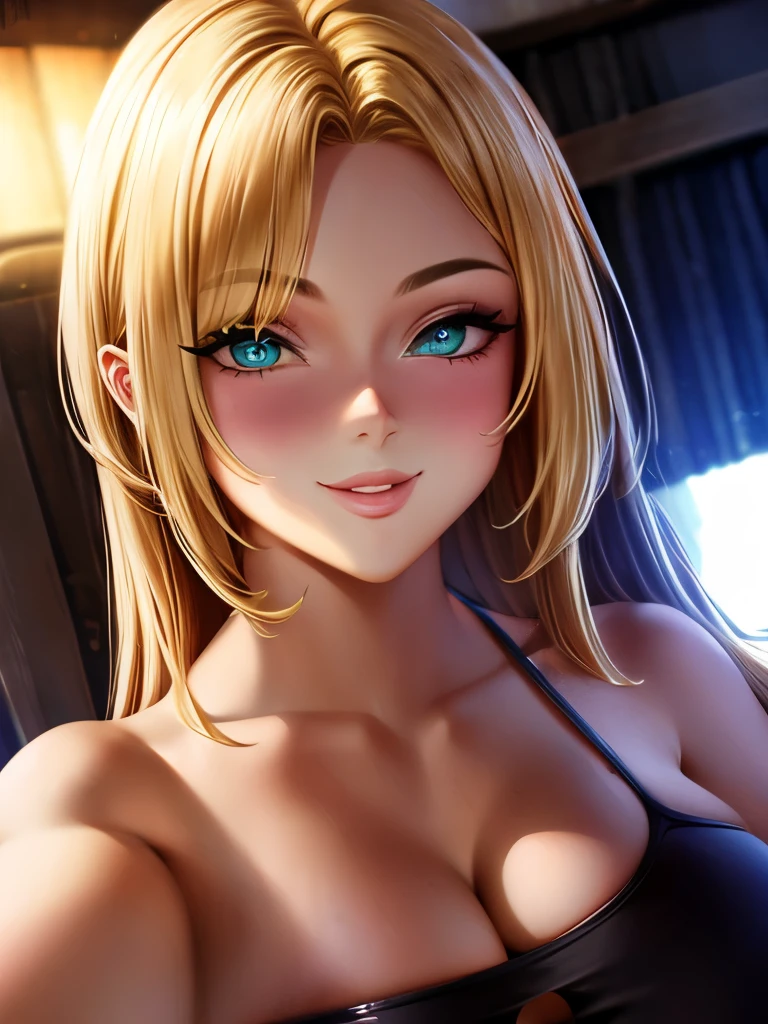 realistic, 1girl, golden hair, green eyes, cinematic angle, key pendant, selfie