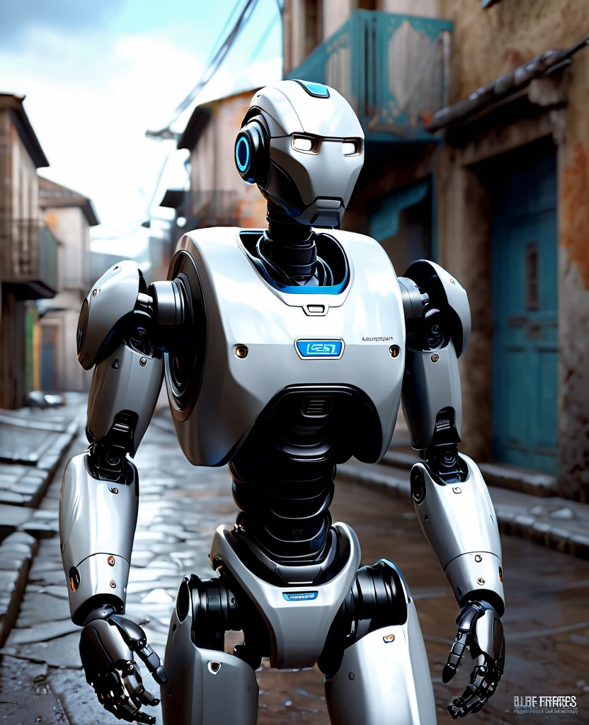 un robot humanoide, debout, marche, Face to the camera, et mesure la température, la pression, the light, humidity, sur une planète étrangère, in an abandoned town, photorealistic realism, chef-d&#39;photorealistic work, realism, realism, photorealistic realism, High contrast, photorealistic digital art trends in Artstation 8k HD detailed realistic, detailed, super detailed, realistic, armature, best quality, super high resolution, (realism: 1.4),, high resolution, detailed, Photo brute, Pointu, par Lee Jeffries Nikon D850 film stock photographie 4 Kodak Portra 400 appareil photo F1.6 lentilles Couleurs riches Textures réalistes ultra-réalistes Éclairage spectaculaire UnrealEngine ArtStation CineStill 800 tendance, Photo brute 8K, best quality, 