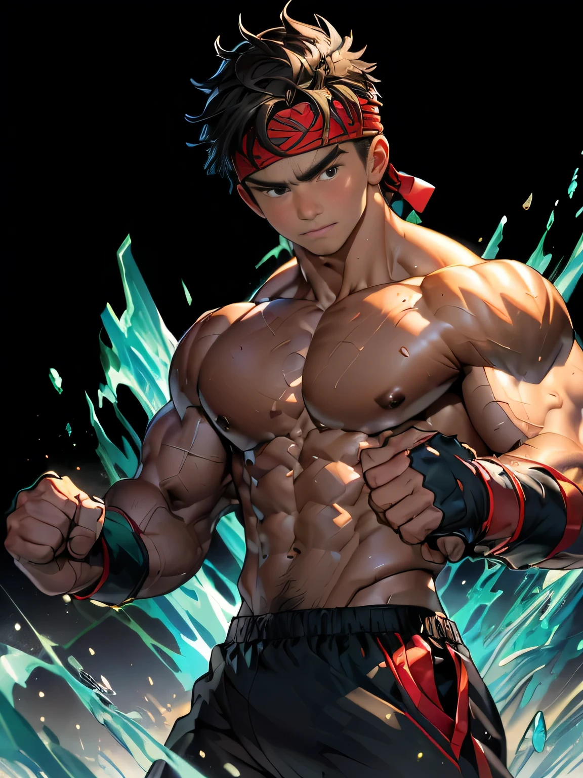 (Masterpiece, Best quality 19 year old boy, black background), solo, Young, boy, muscler, Shirtless, topless, (Dark Short straight hair, under cut, brown eyes), (red headband, ((black wristband))), Vivid colors, (hot Abs:1.2, abs!, big abs, big breast:1.2, chest!, muscler upper arms, clenched fist), (topless male), muscler!, muscler body, Man with martial arts stance, (aura power:1.4), detailed face, detailed muscle, (((A magical turquoise mystical aura, random fighting pose, powerful, action, rippling muscles, fighting with enemy, concentrate, Fotografia de combate)))